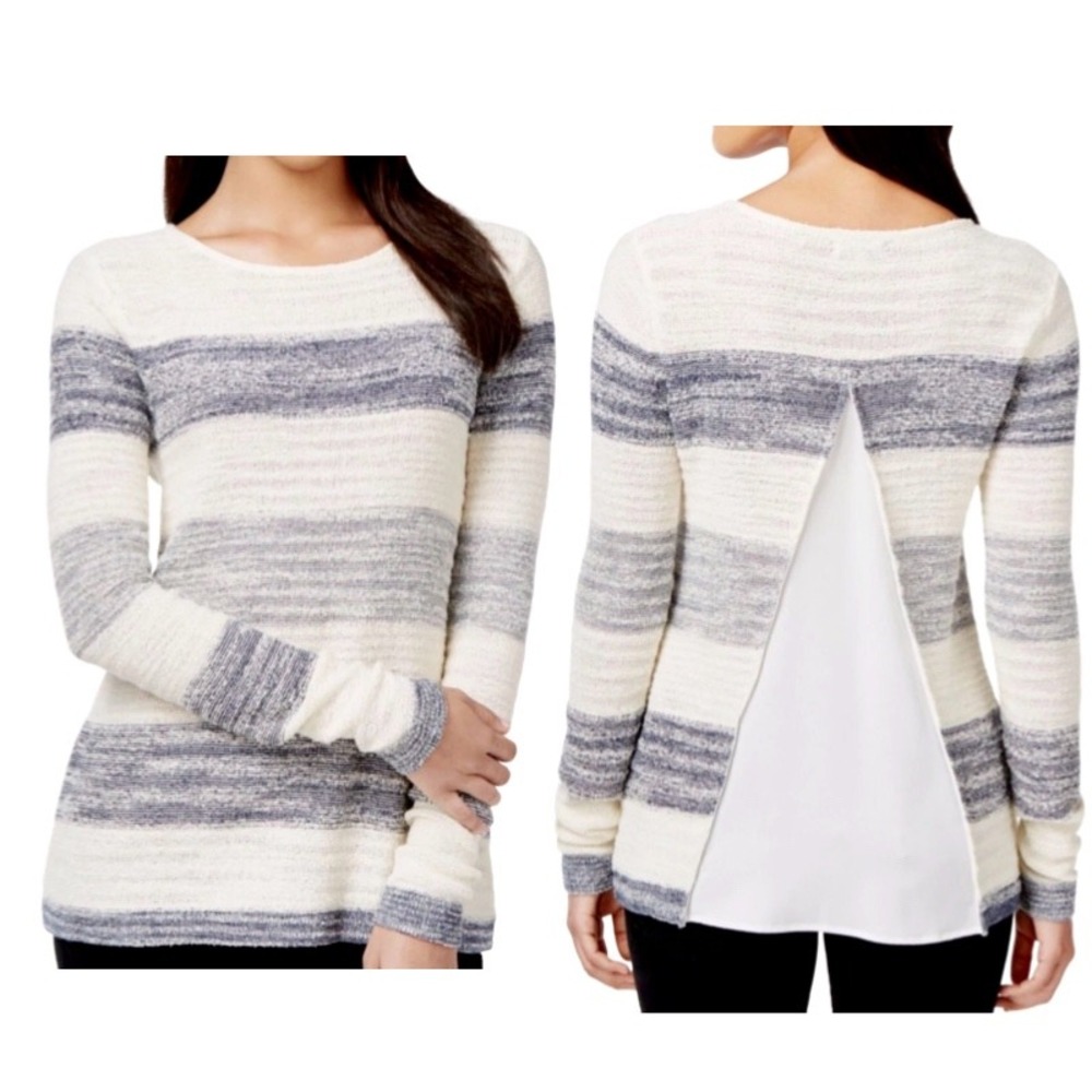 Calvin Klein Jeans Split Back Sweater XL Ivory Navy Stripe Mixed Media Coastal